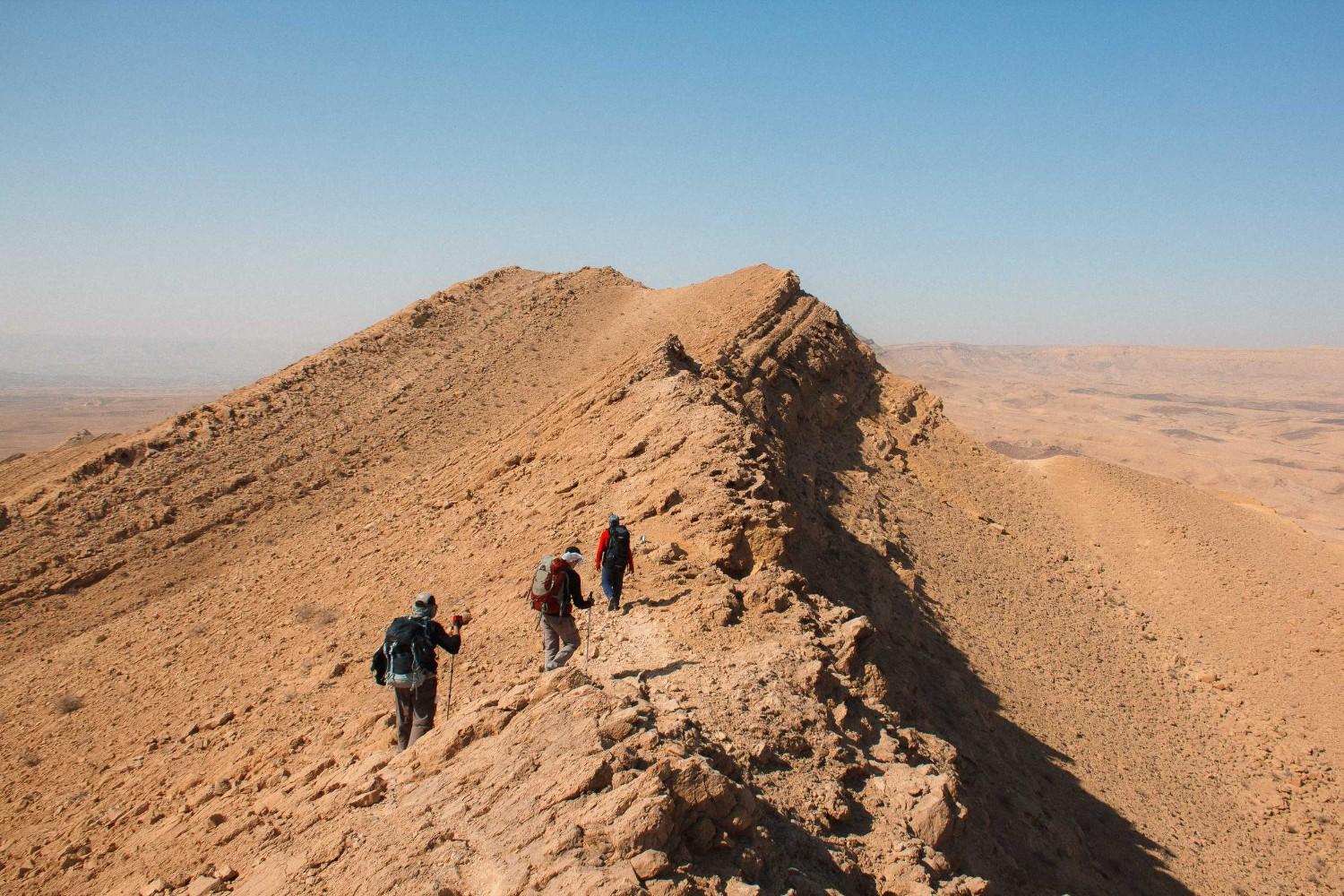 Hiking Trail On The Makhtesh Ramon With Rock Layers And Open Desert Space