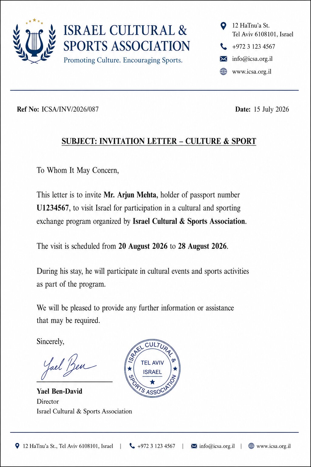 Israel Culture and Sports eVisa B2 Invitation Letter Requirement