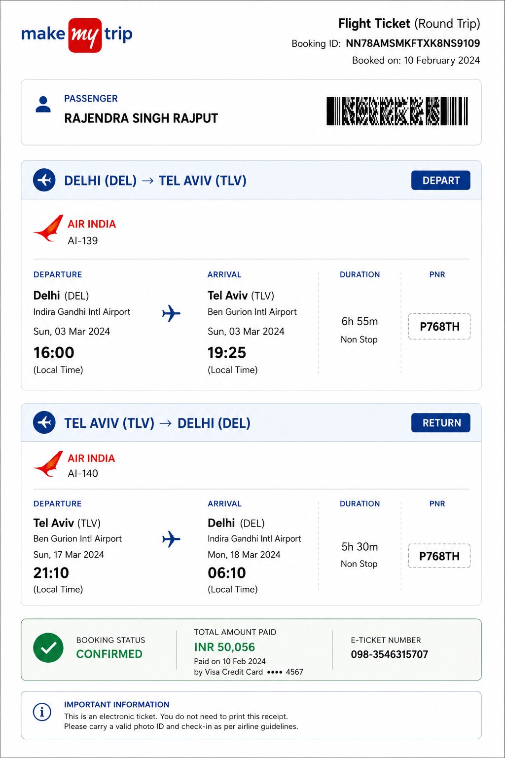 Israel eVisa B2 Round-Trip Fligh Ticket Requirement