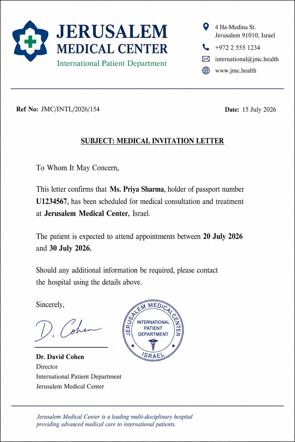 Israel  Medical eVisa B2 Invitation Letter Requirement