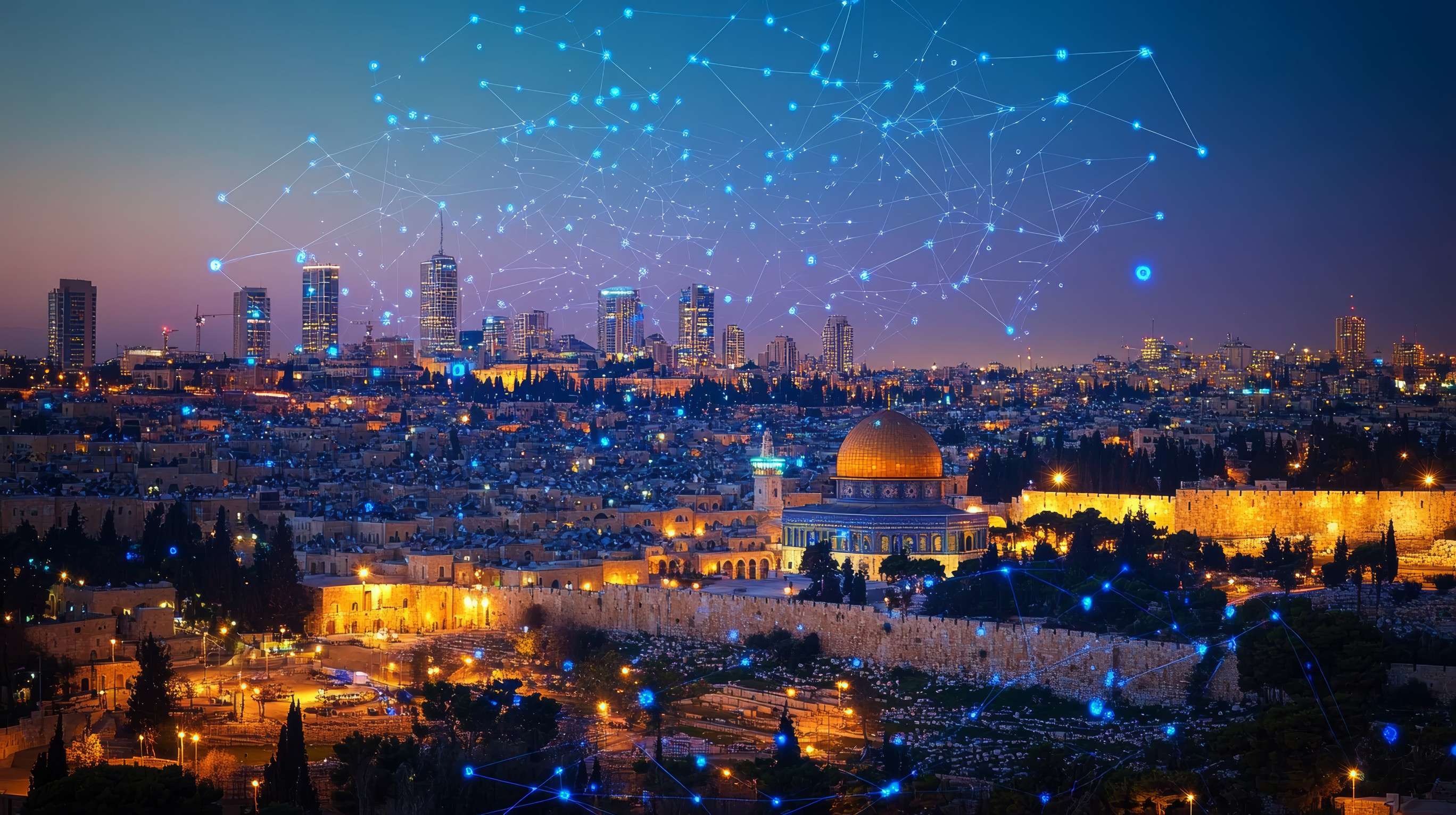 Modern Technology Dome Of The Rock Jerusalem Cityscape At Twilight
